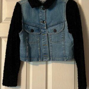 NWT Women’s Love Letter Denim Jacket Black Shearling Like Collar and Sleeves